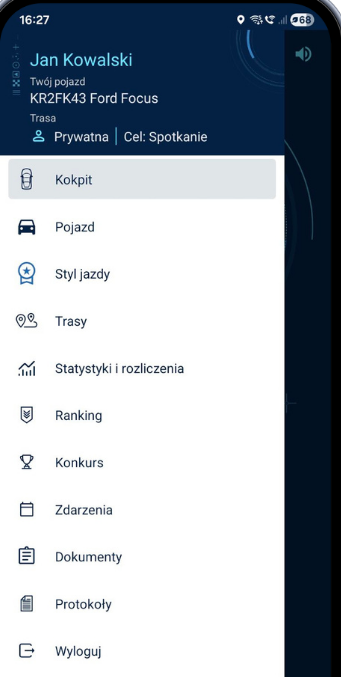 Menu aplikacji NaviExpert Telematics